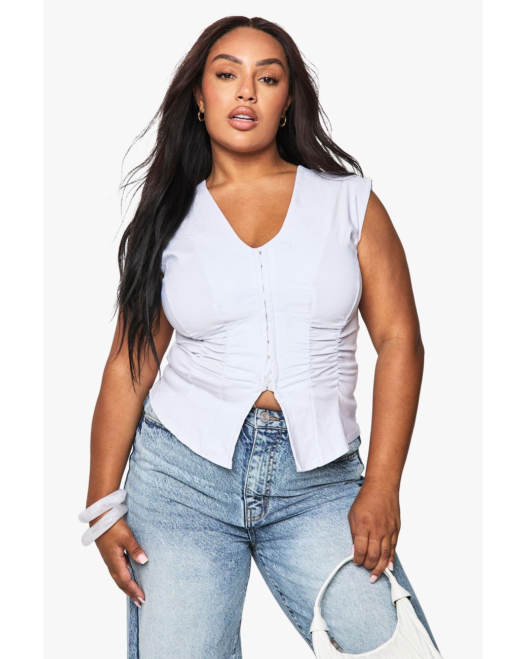 Boohoo White Plus Bengaline Ruched Sleeveless Hook & Eye Top