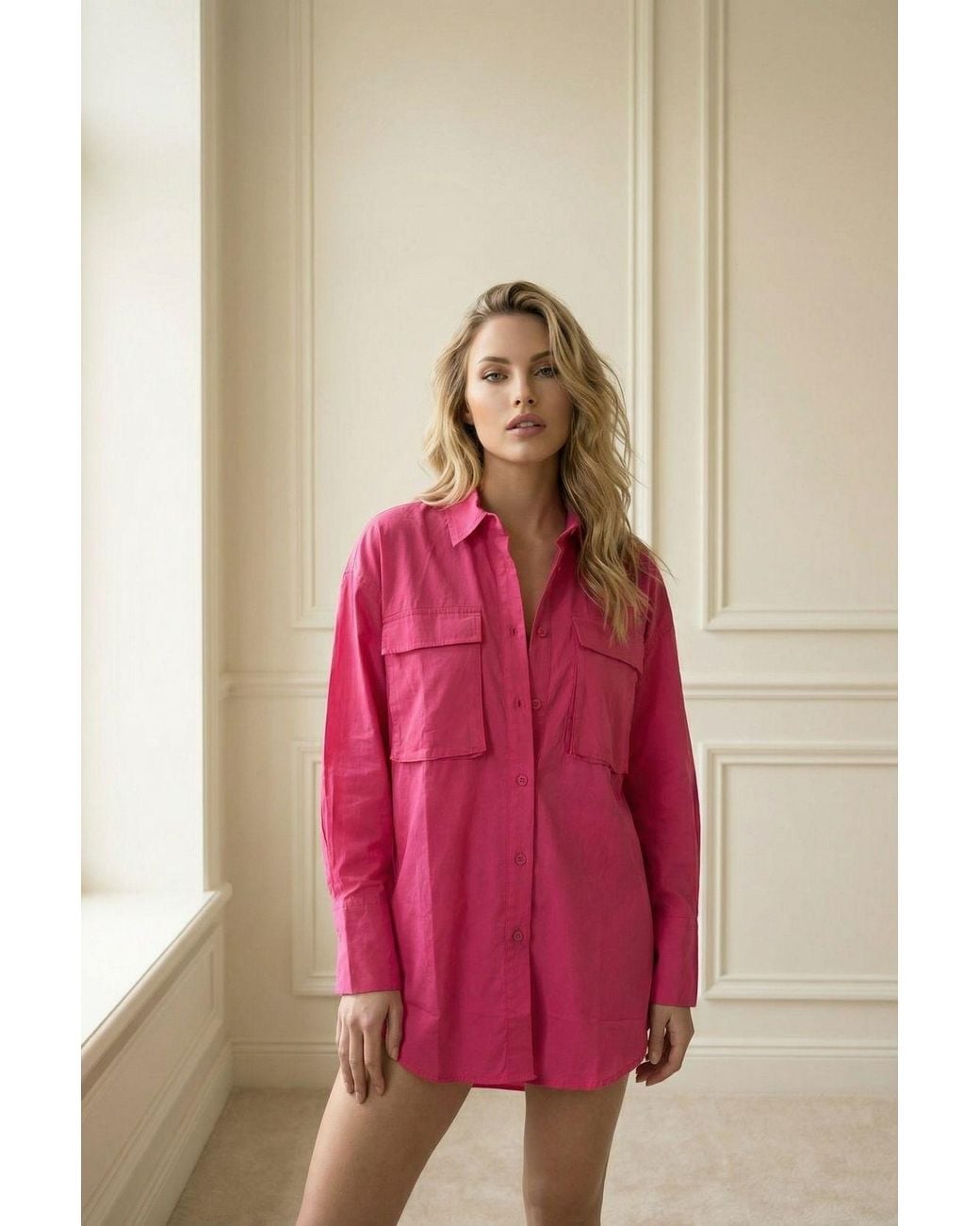 My Fashion Pink Oversized Long Sleeve Cotton Shirt With Pocket