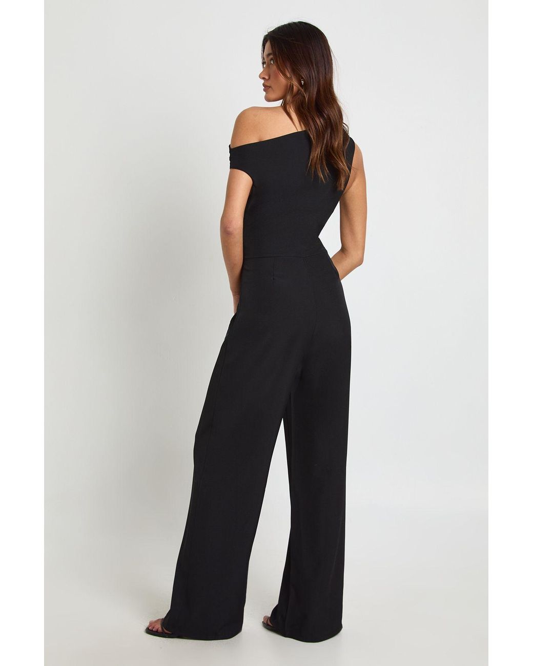 Boohoo Blue Linen Look Asymmetric Neck Line Wide Leg Jumpsuit