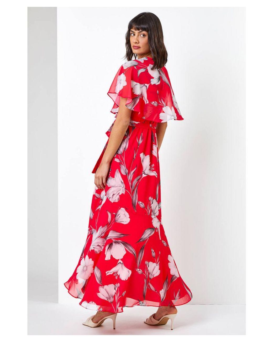 Roman Red Floral Print Frill Cape Midi Dress