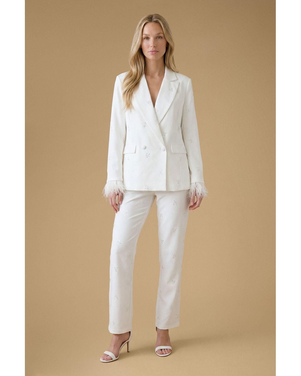 Oasis Natural Hen Embellished Feather Trim Trouser