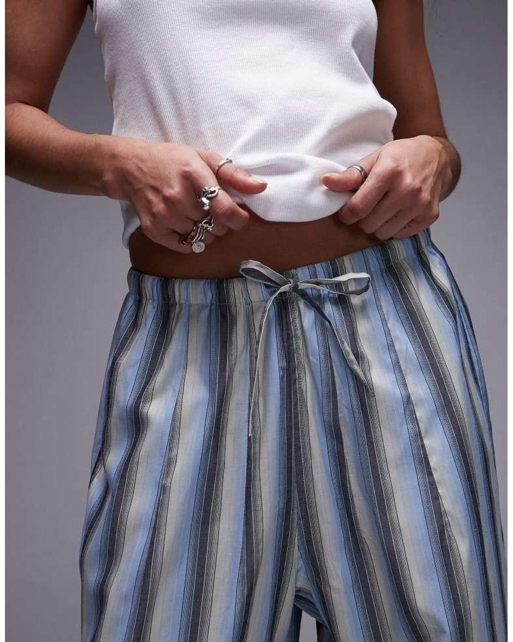 TOPSHOP Blue Poplin Tie Waist Stripe Straight Leg Trouser