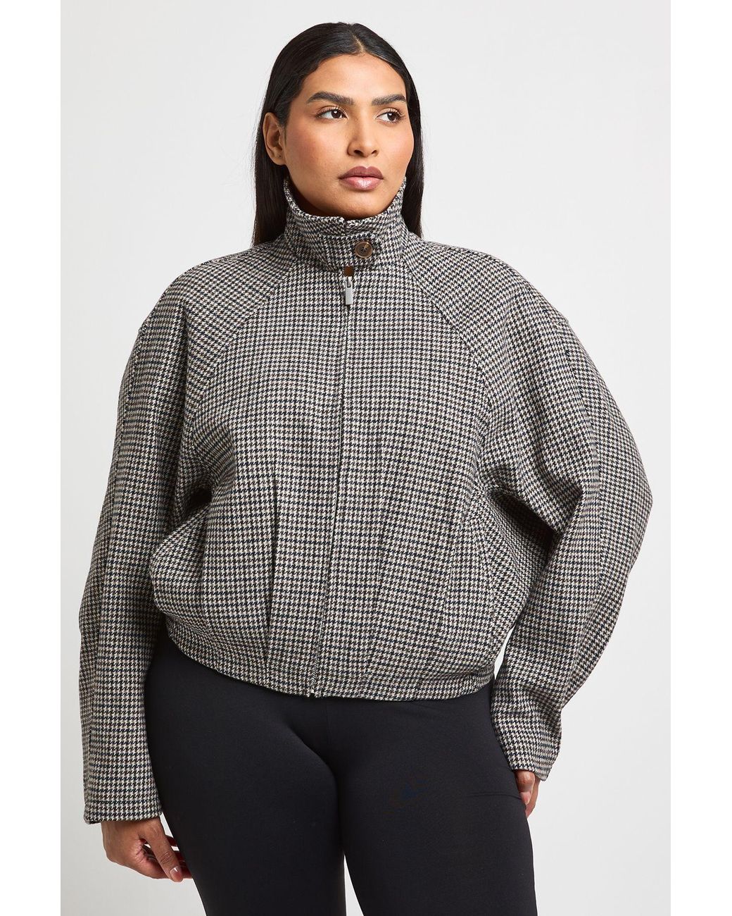 Boohoo Gray Plus Checked Oversized Bomber Jacket