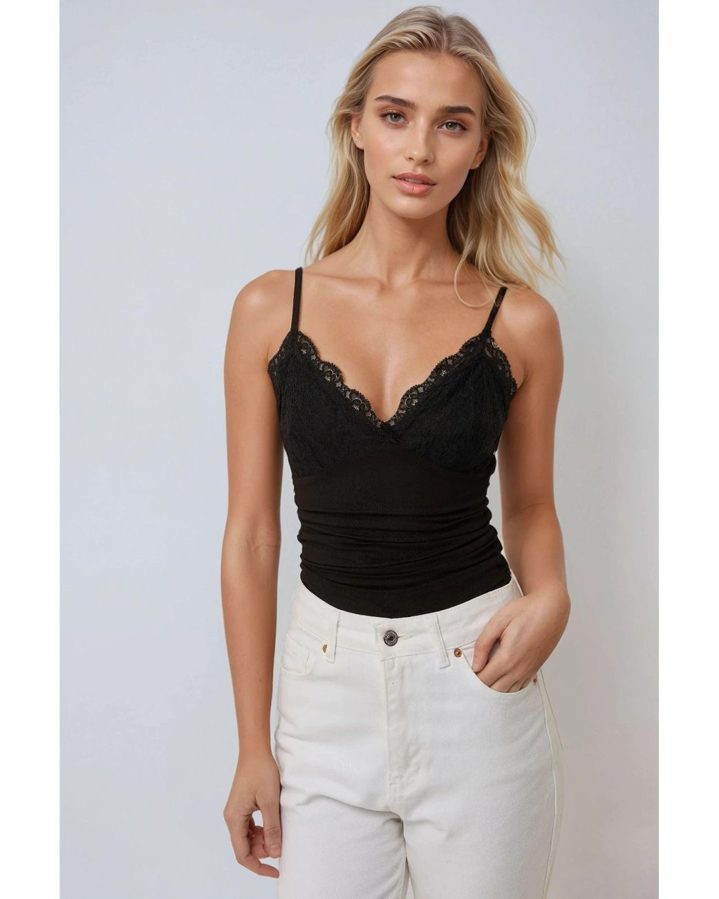 Hiccup Black Lace Detail V-Neck Top