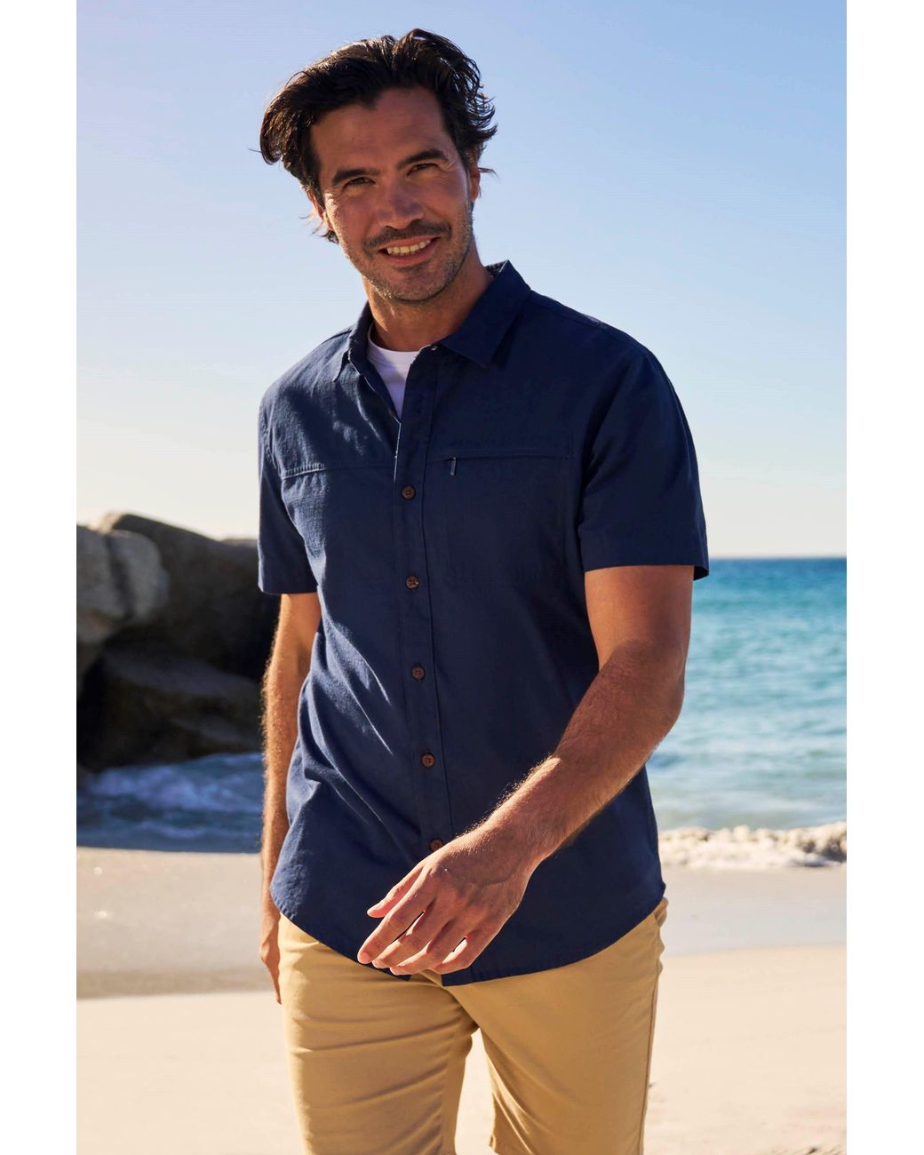 Mountain Warehouse Blue 'Coconut Slub Texture' Short Sleeve Shirt 100% Cotton Zip Chest Pocket Everyday Wear Top for men