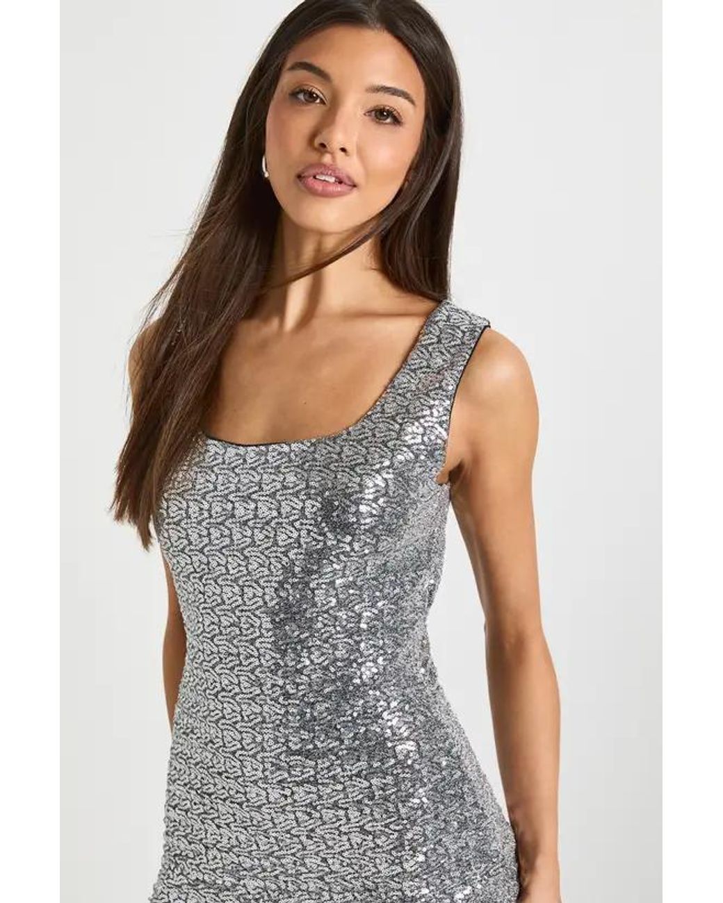 Boohoo Blue Square Neck Sequin Dress