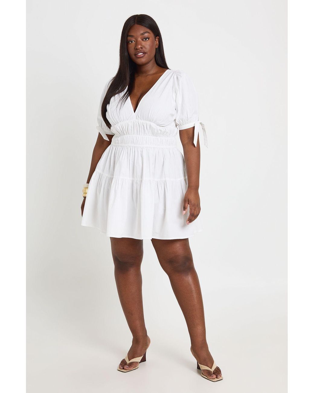 Boohoo White Plus Puff Sleeve V Neck Mini Dress