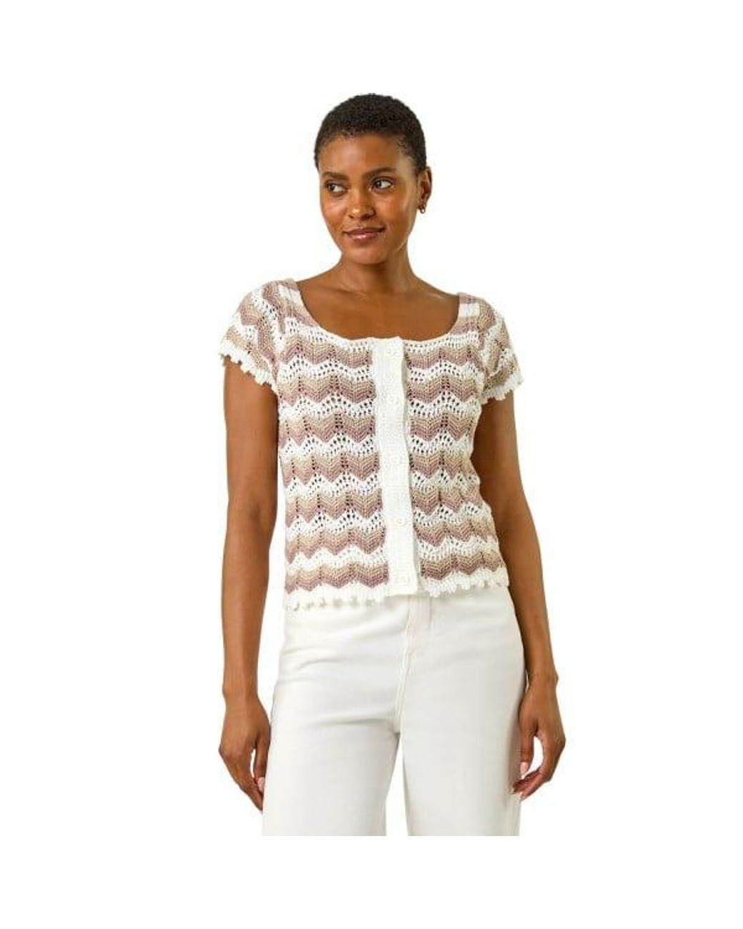 Roman White Wave Crochet Buttoned Top