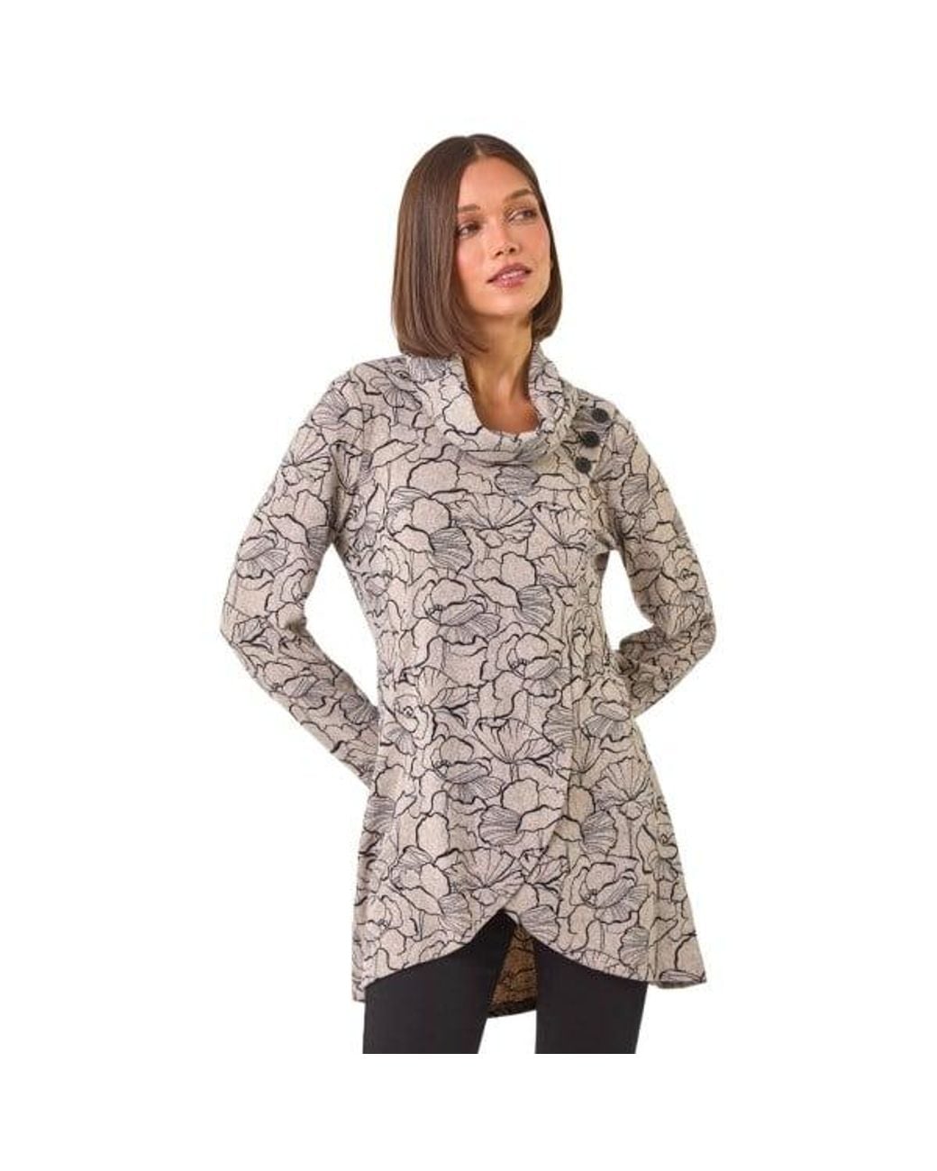Roman Brown Floral Print Cowl Neck Top