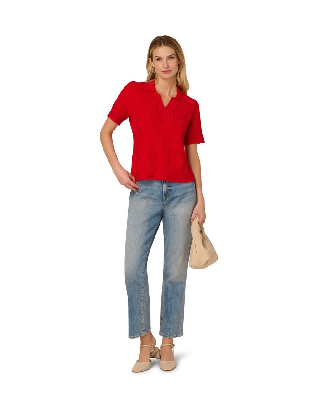 Adrianna Papell Red Short Sleeve Button Front Polo Fray Edge Sweater
