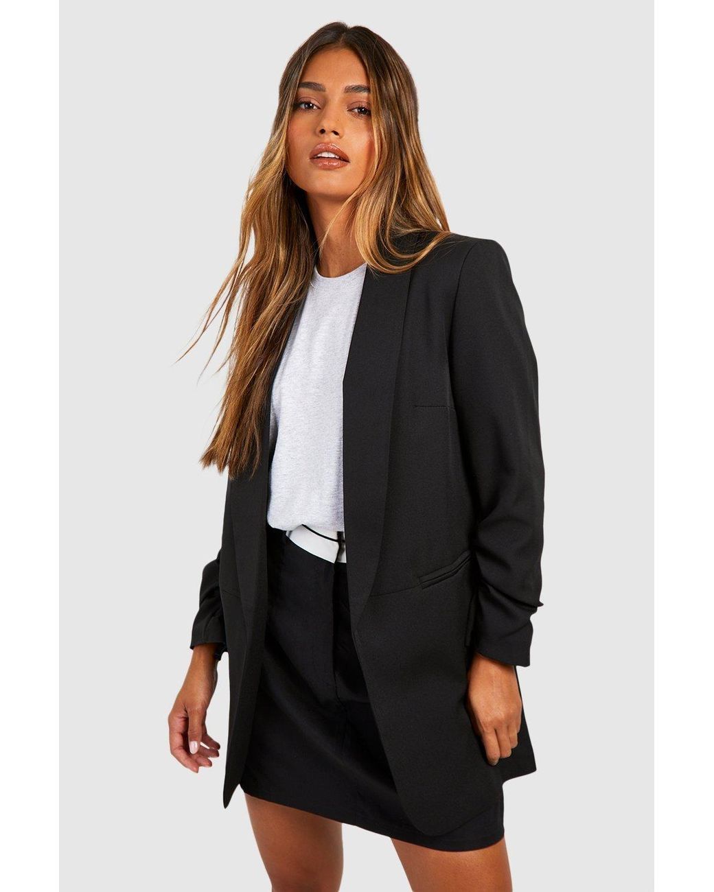 Boohoo Black Ruched Sleeve Tailored Blazer
