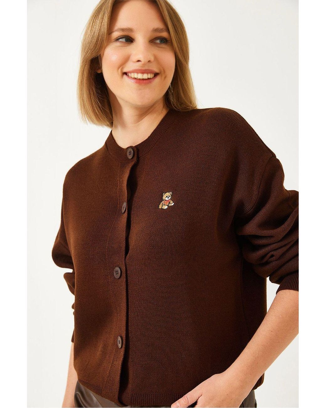 Bianco Lucci Brown Embroidered Button-Up Ribbed Cardigan