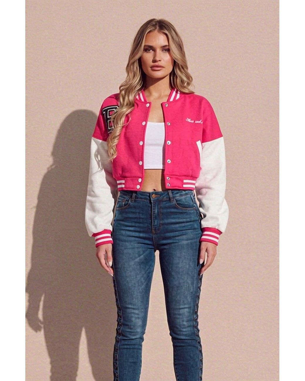 Femme Luxe Pink Varsity Slogan Contrast Sleeve Bomber