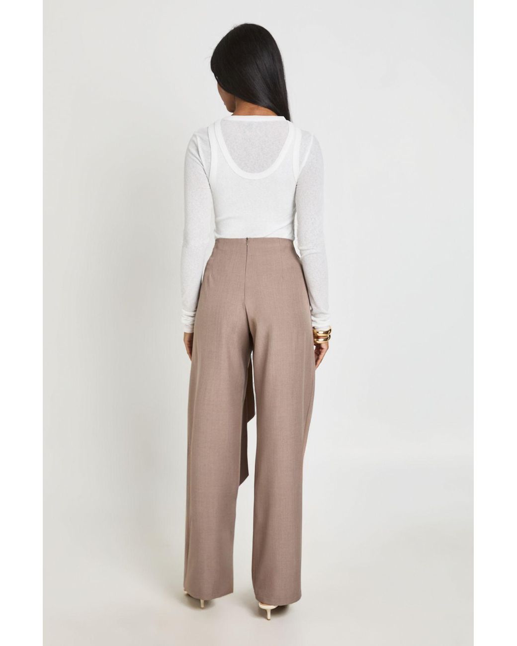 Boohoo Natural Drape Tie Detail Wide Leg Tailored Trousers