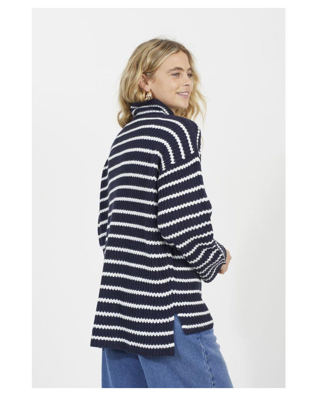 Brave Soul Blue Striped Fisherman Knit Zip Neck Tunic Jumper