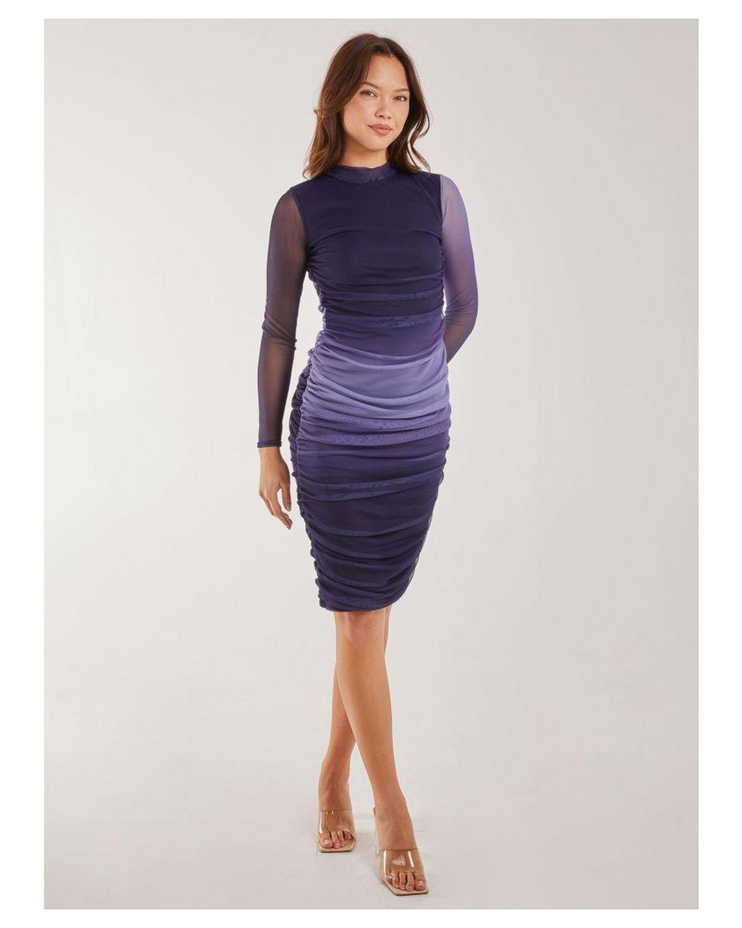 Pink Vanilla Blue Long Sleeve Ombre Mesh Midi Dress