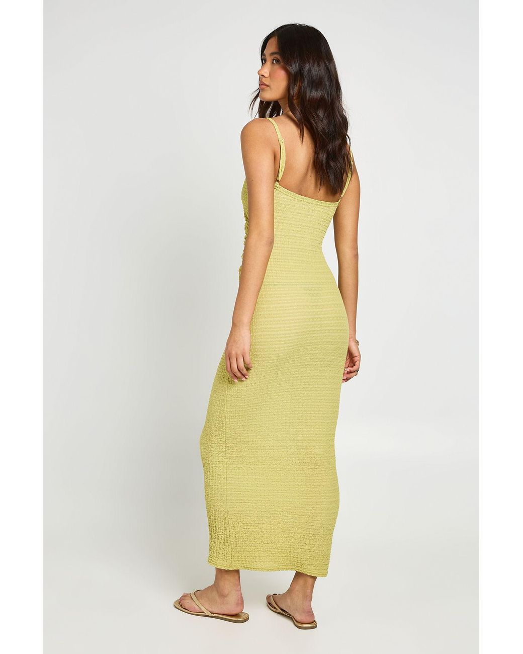 Boohoo Yellow Textured Ruched Waist Midaxi Dress