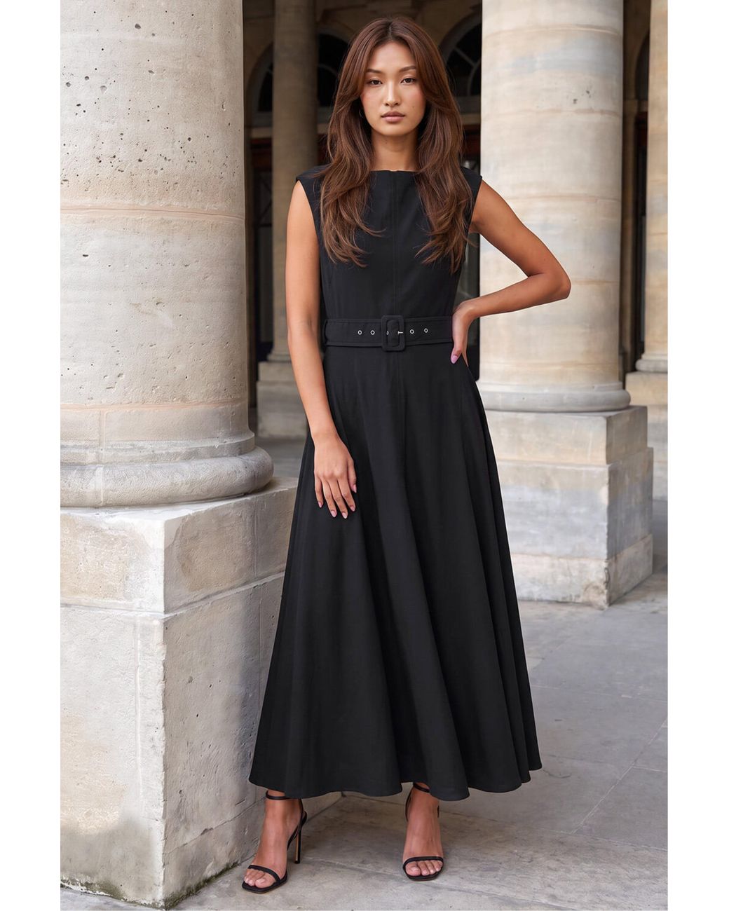 Roman Black Belted Fit And Flare Dress