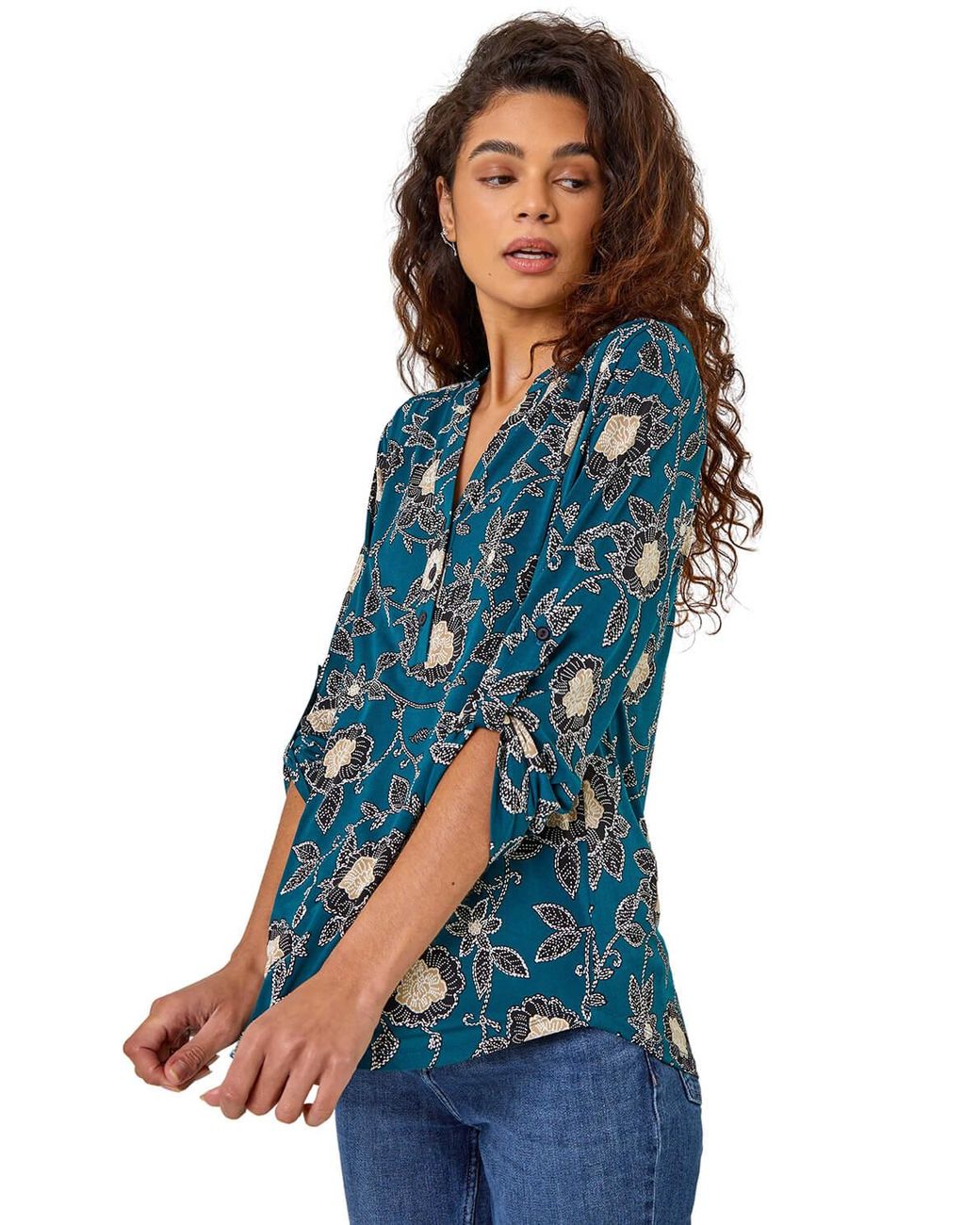Roman Blue Textured Floral Print Stretch Shirt