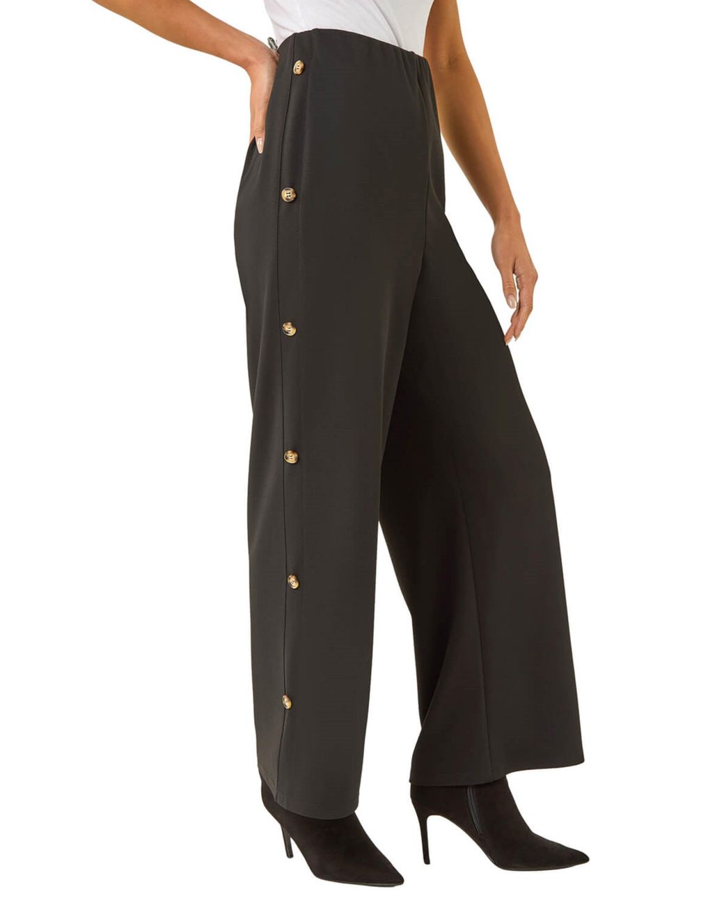 Roman Black Petite Button Detail Stretch Trouser