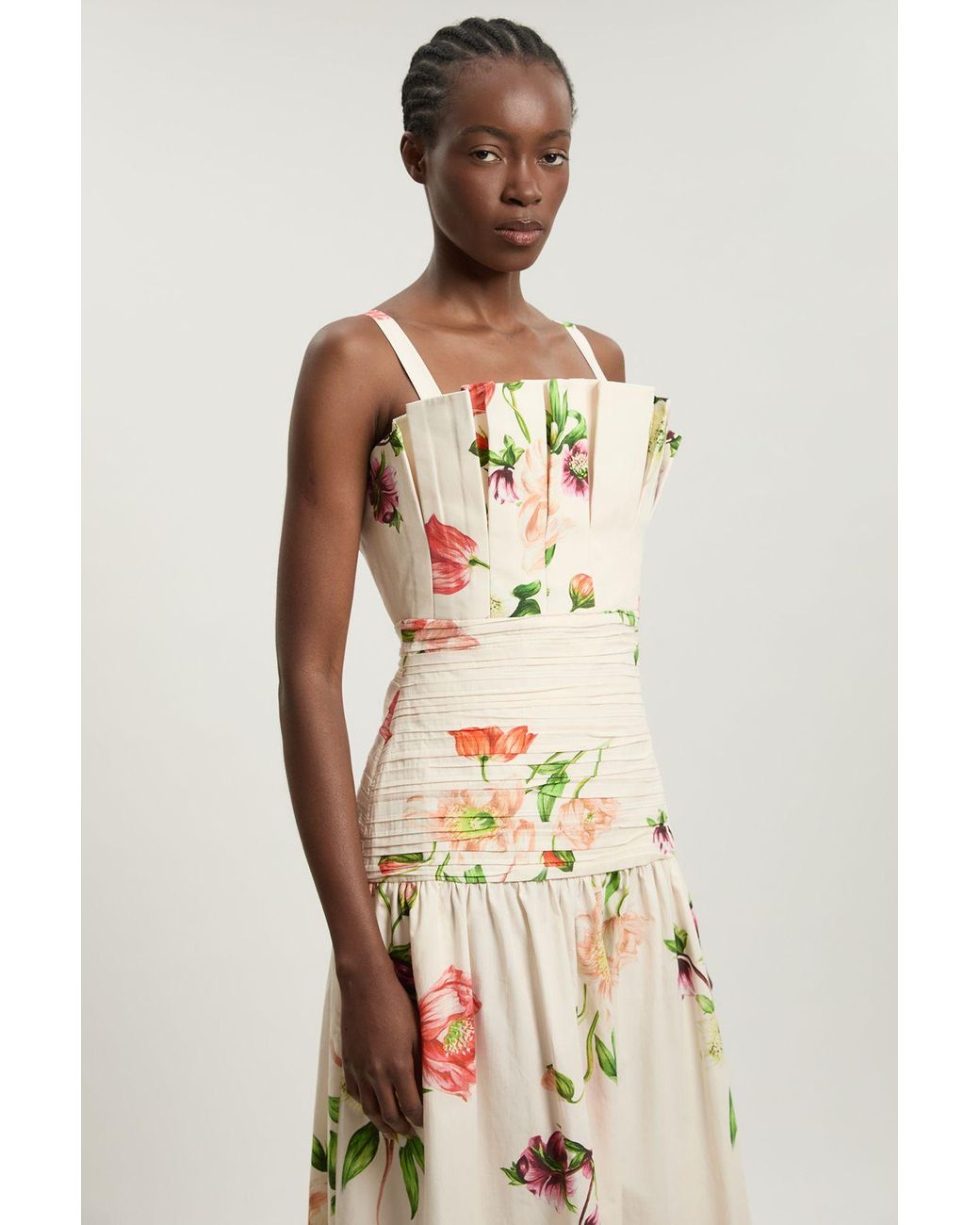 Karen Millen Natural Printed Poplin Pleated Midi Dress