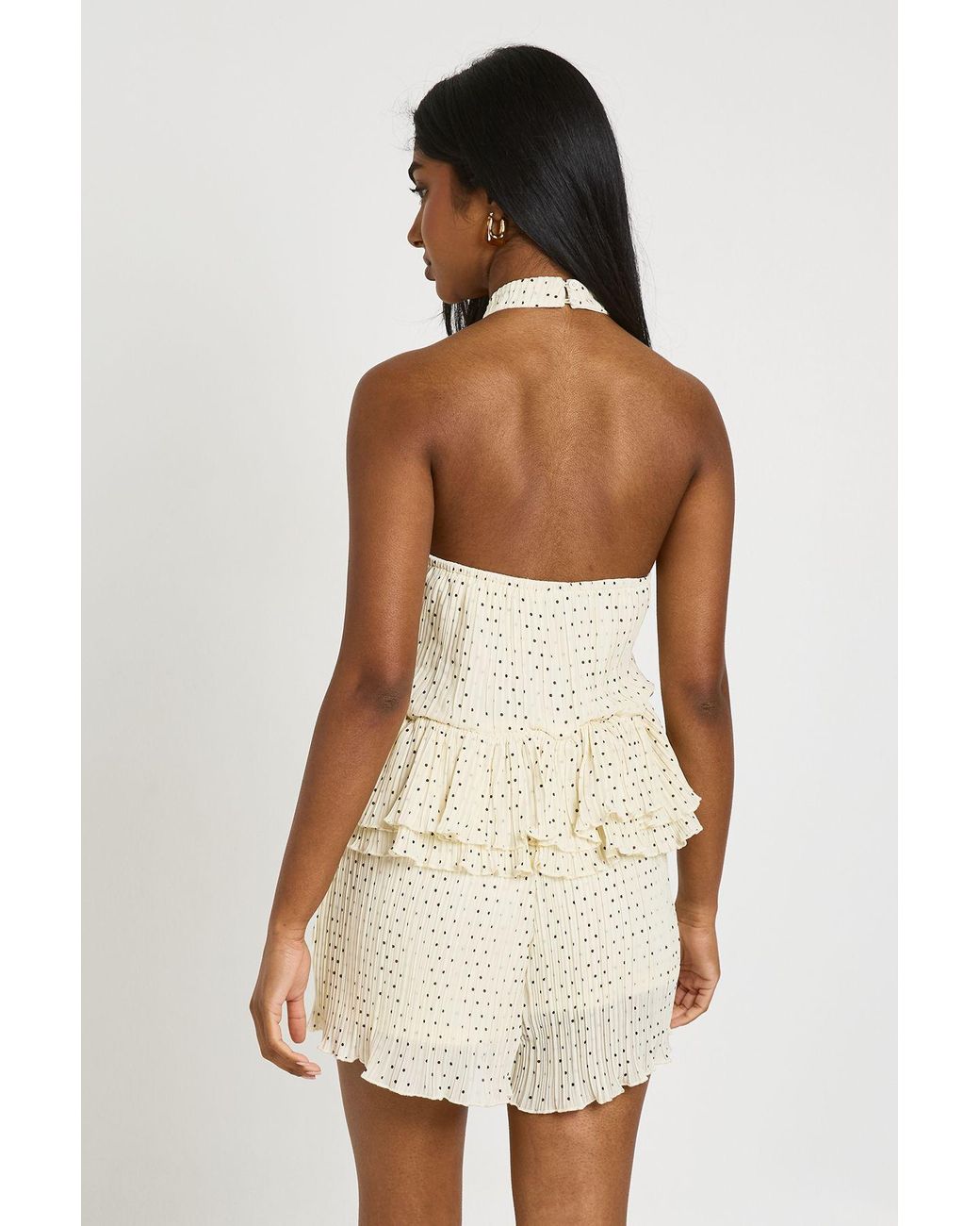 Boohoo White Polka Dot Plisse Halterneck Playsuit