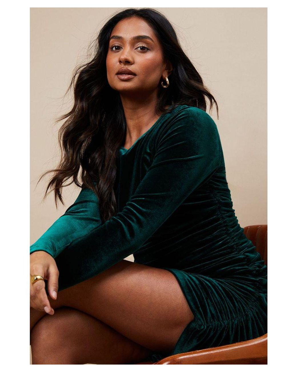 Oasis Brown Occasion Velvet Ruched Mini Dress