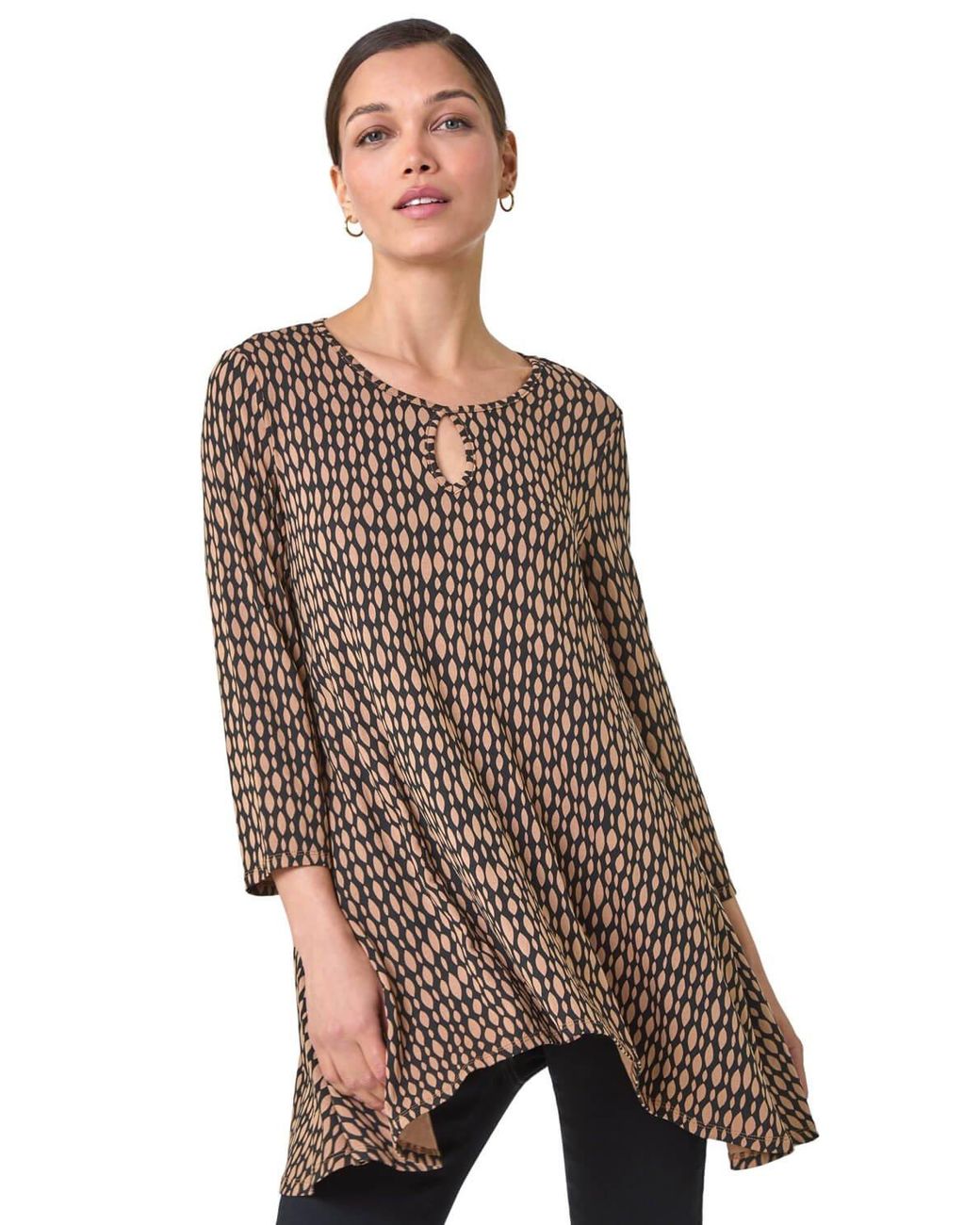 Roman Brown Abstract Linear Print Cutout Tunic Top
