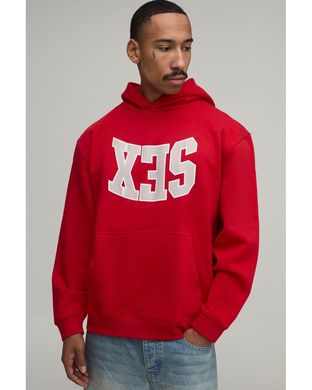 BoohooMAN Red Oversized Slogan Varsity Print Hoodie Cotton for men