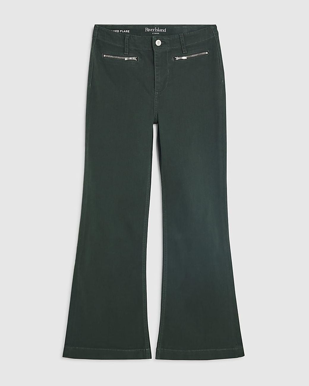River Island Green Flared Jeans Petite Zip Front Relaxed Flare