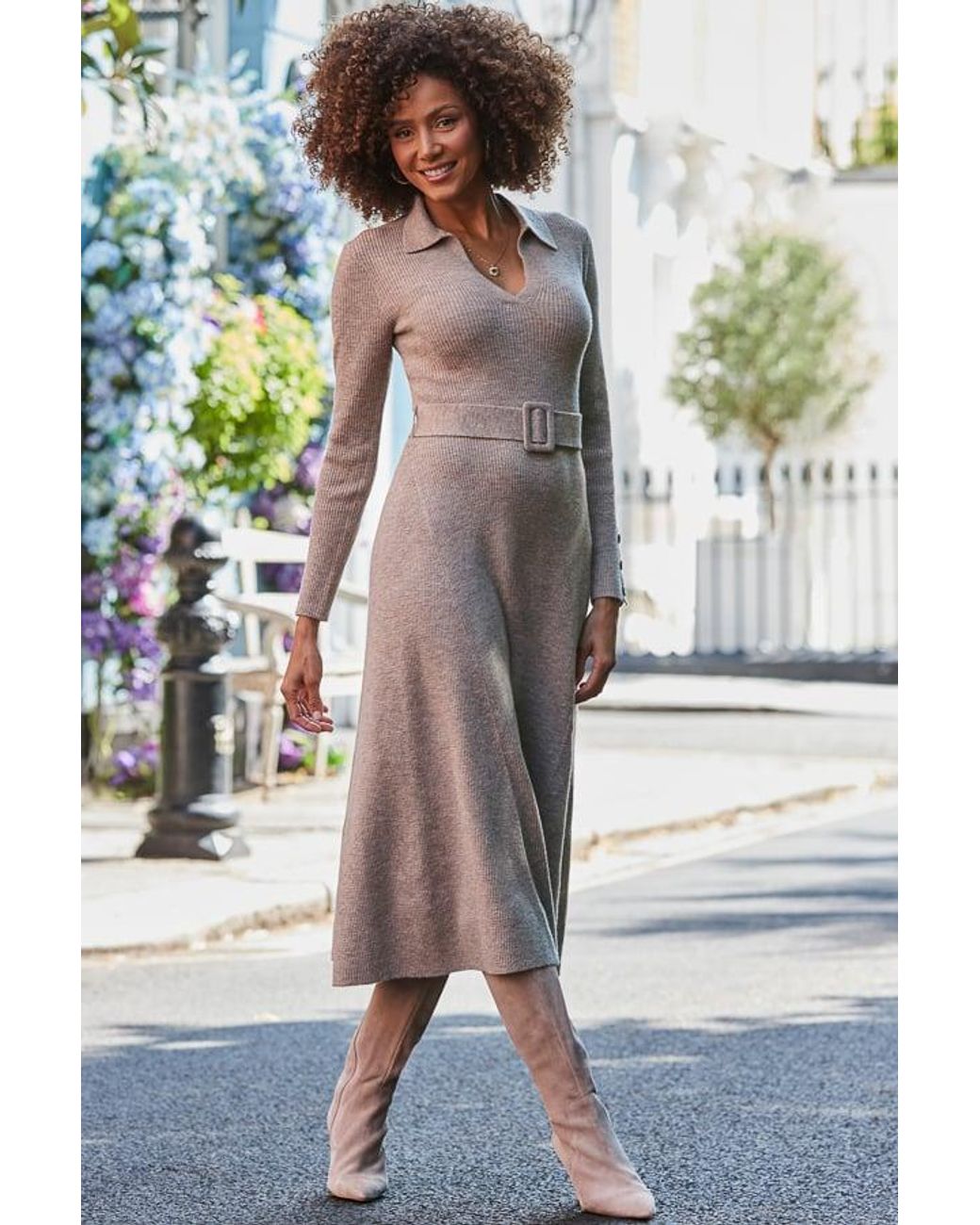 Sosandar Brown Taupe Knitted Belted Midi Dress