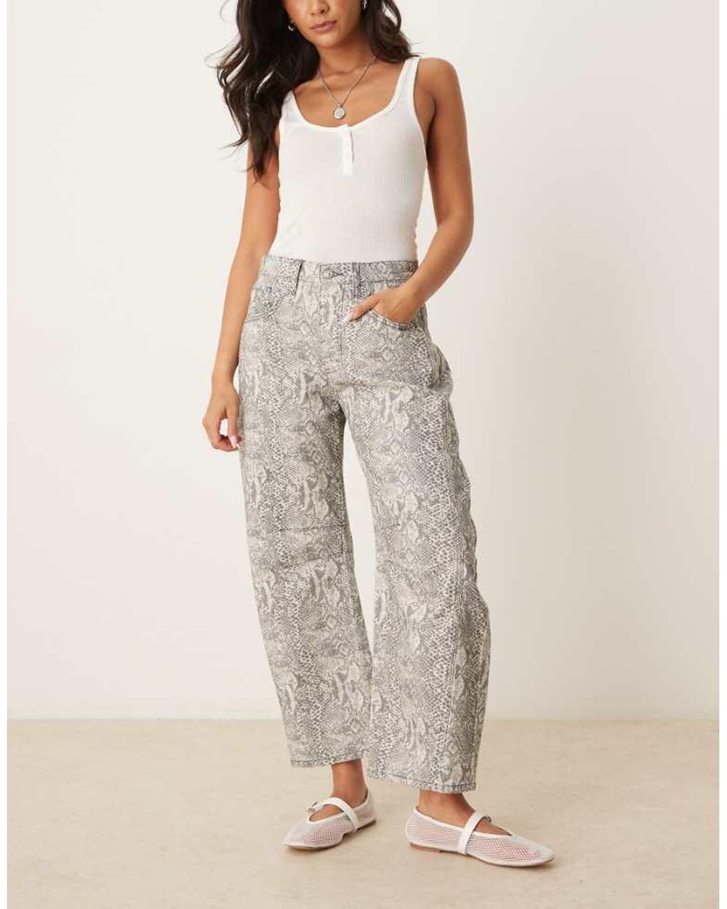 Free People Natural Good Luck Printed Barrel Jean