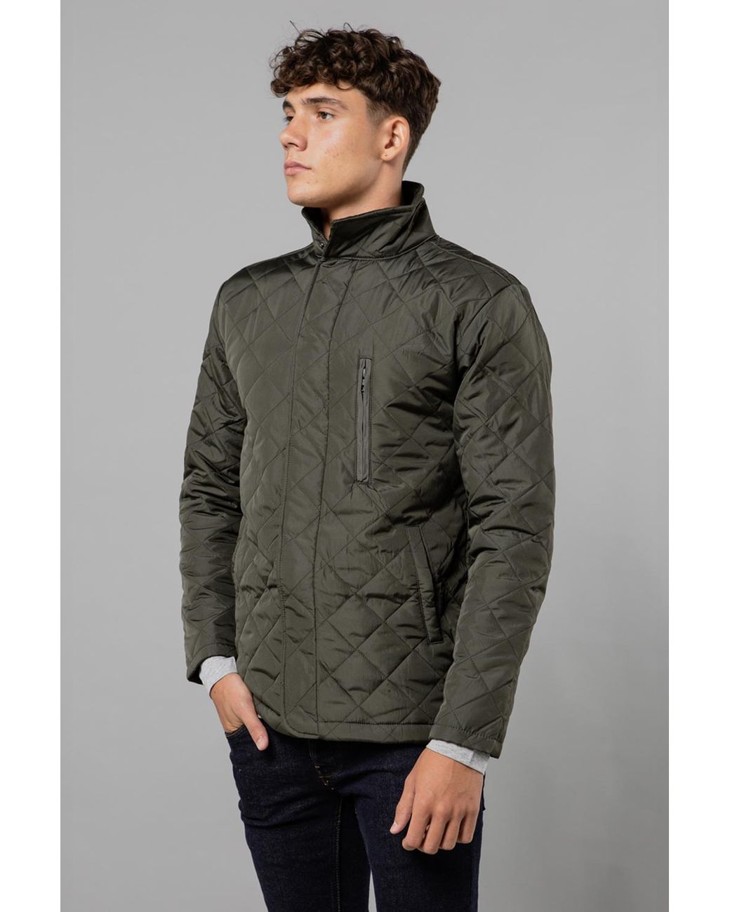 French Connection Gray Funnel Neck Diamond Quilted Jacket for men