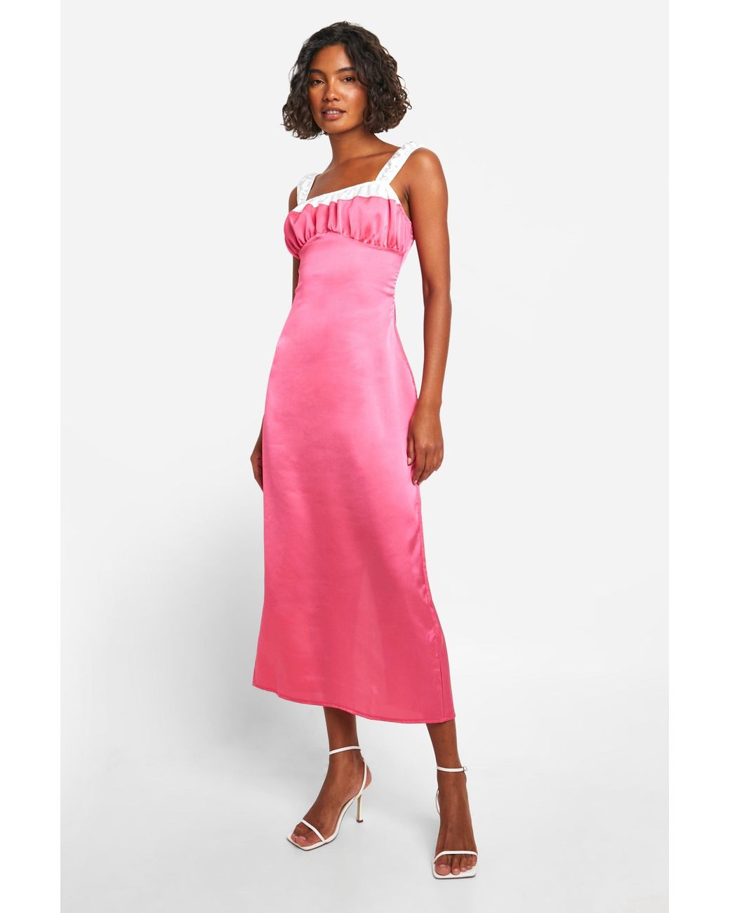 Boohoo Pink Tall Satin Contrast Detail Midaxi Dress