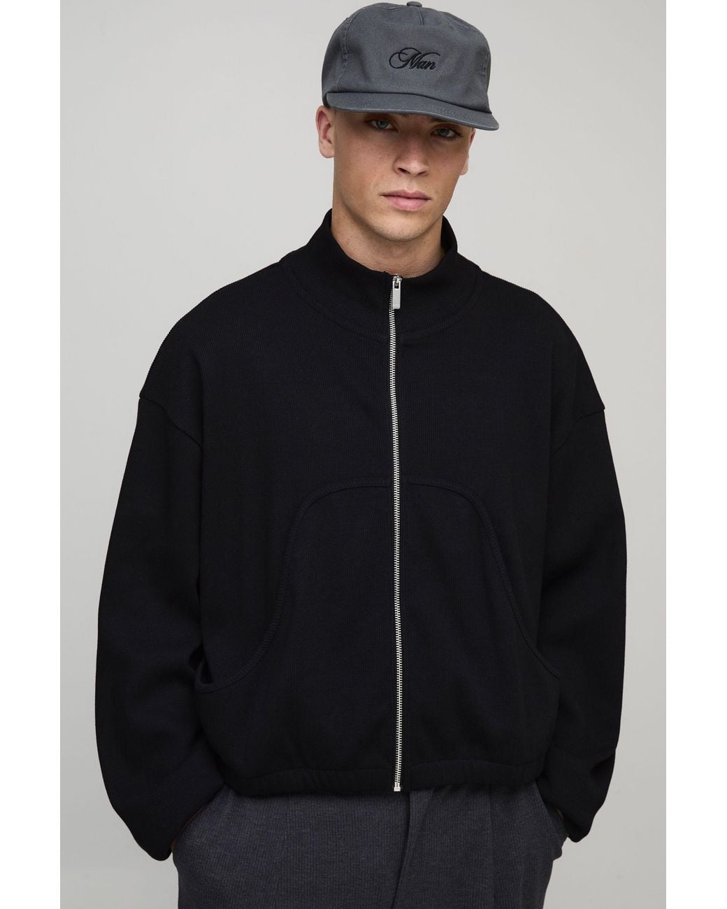 BoohooMAN Black Oversized Boxy Rib Jersey Funnel Neck Track Top for men