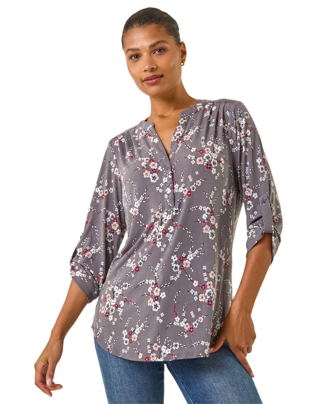 Roman White Floral Puff Print Stretch Shirt