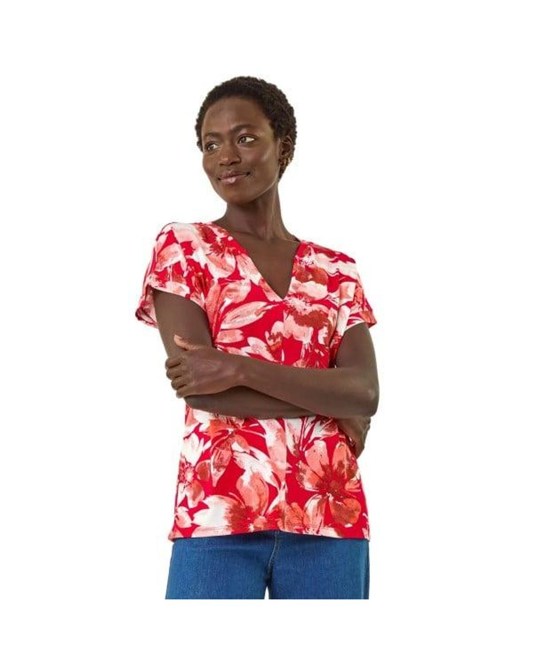 Roman Red Floral Print Notch Neck T-Shirt