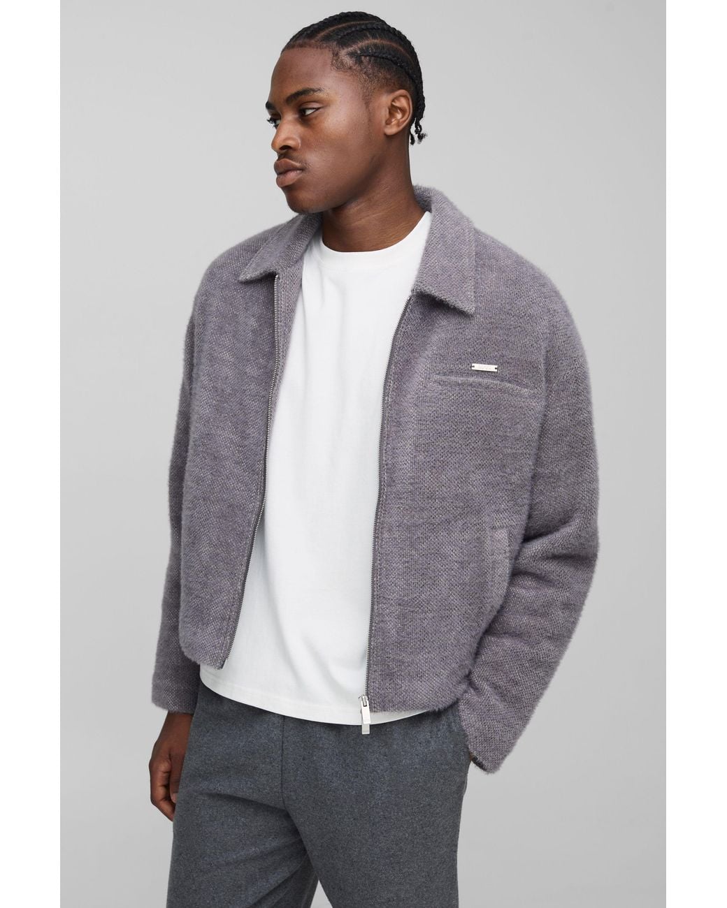 BoohooMAN Gray Boxy Fit Textured Harrington Jacket for men