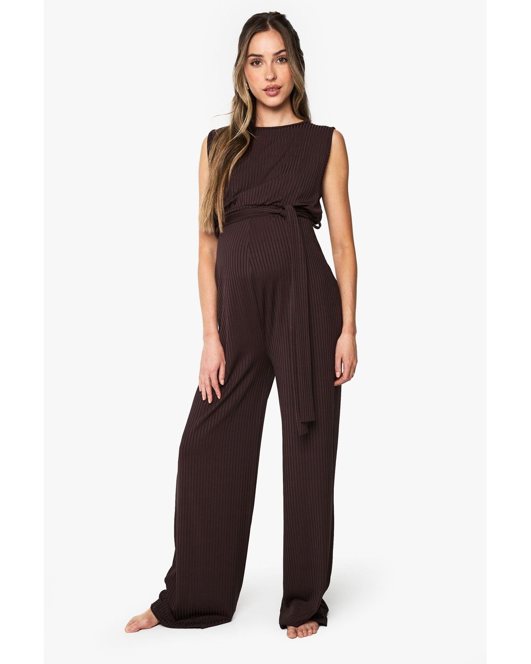 Boohoo Brown Maternity Rib Belted Sleeveless Lounge Jumpsuit
