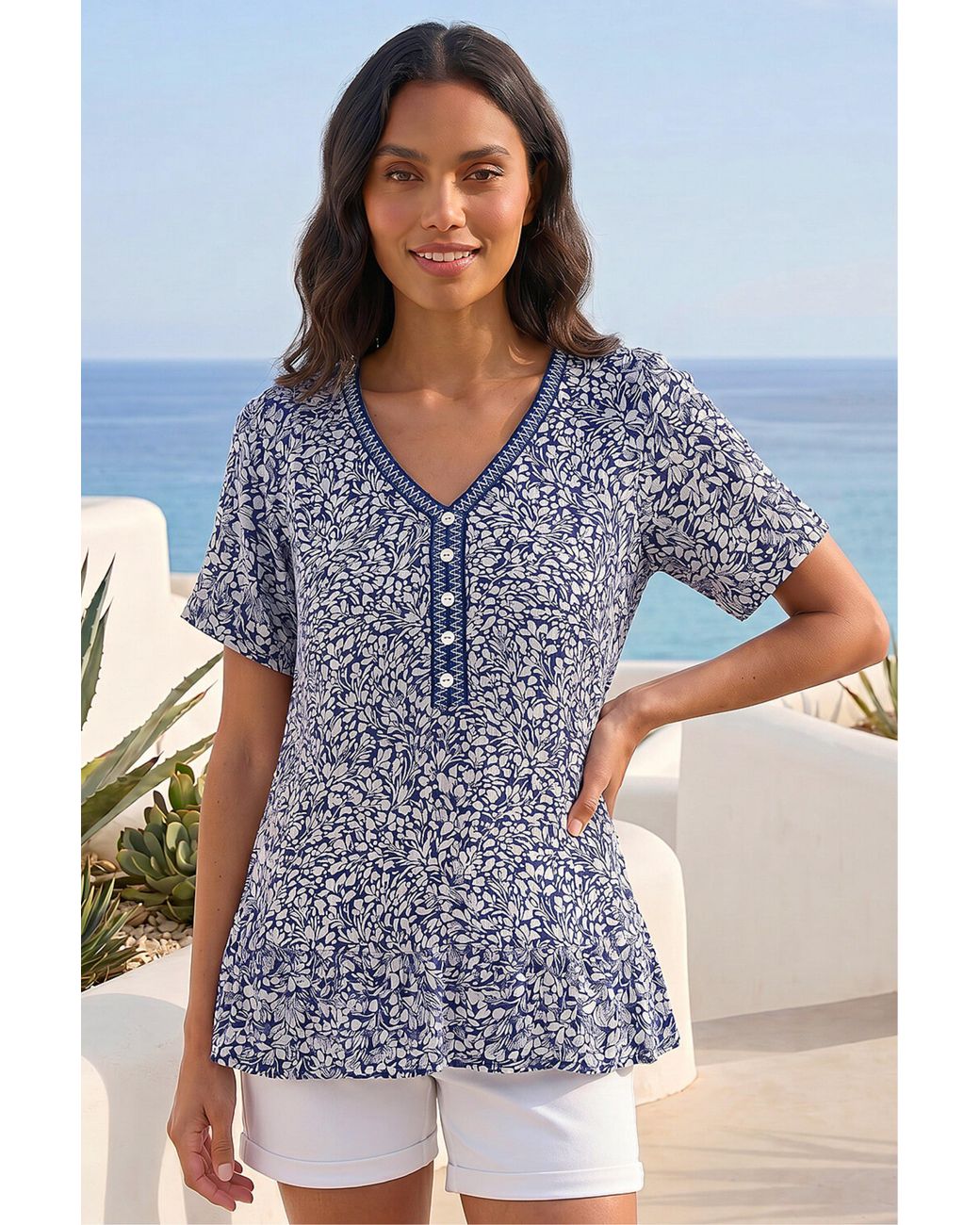 Roman Blue Ditsy Floral Trim Detail Top