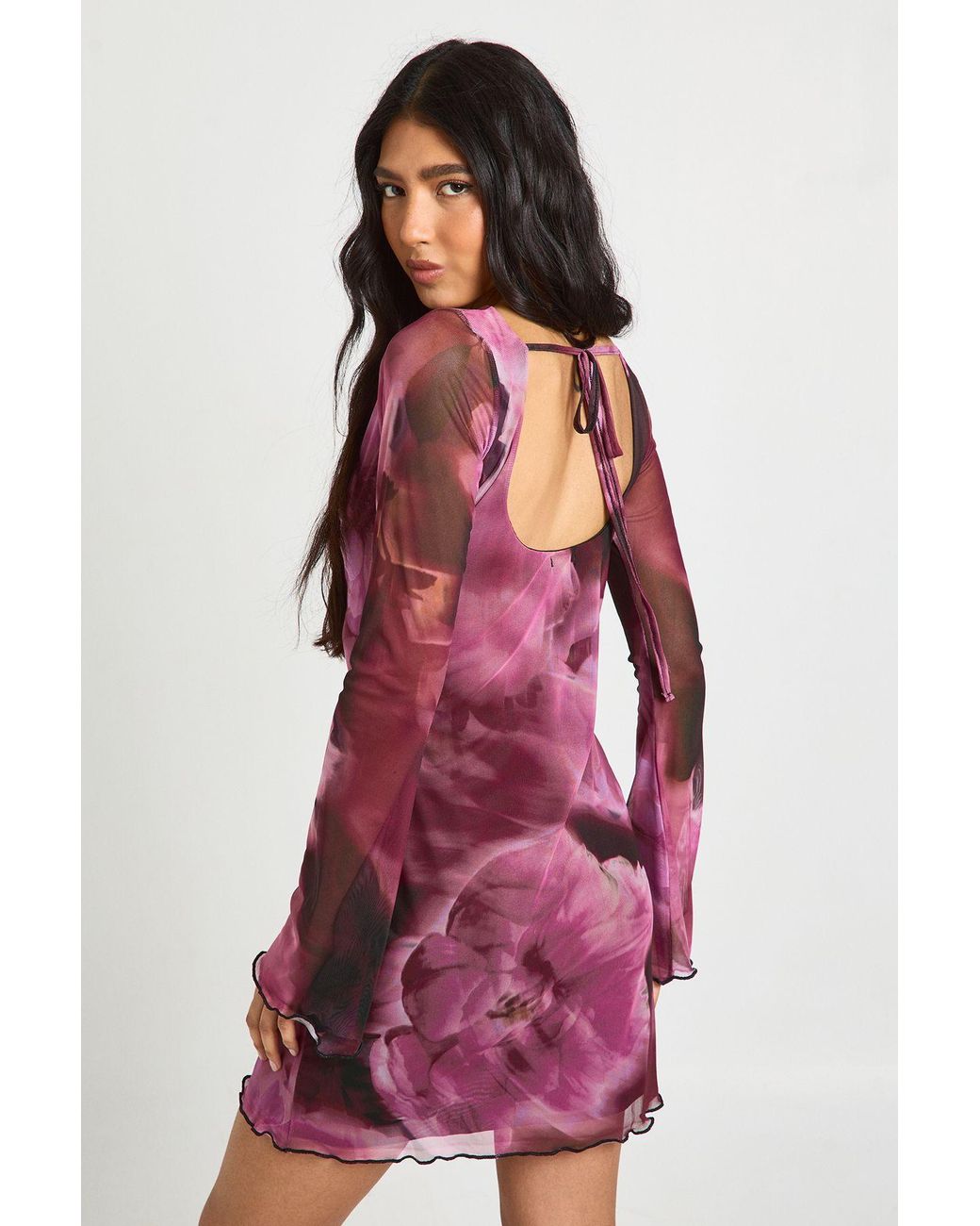 Boohoo Tall Large Floral Mesh Flared Sleeve Mini Dress