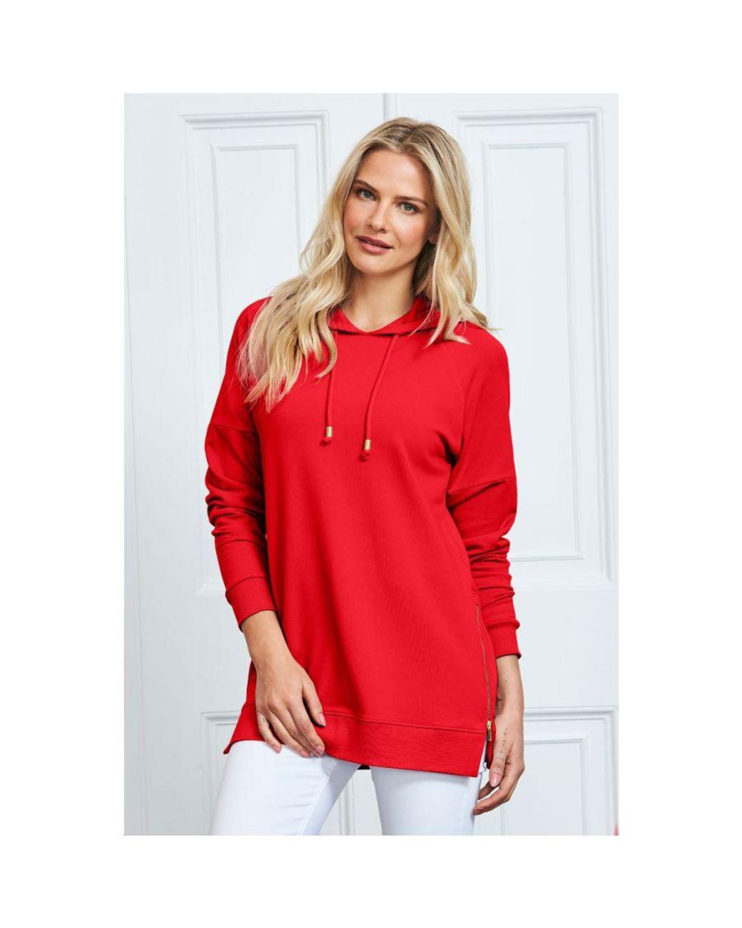 Sosandar Red Longline Hooded Sweatshirt With Zip Detail Viscose