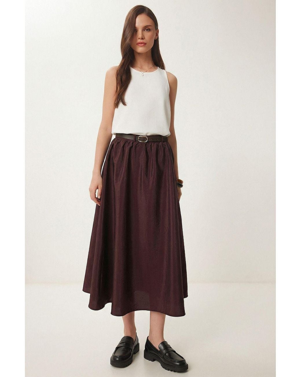 Happiness İstanbul Multicolor High-Waist Belted Midi A-Line Skirt