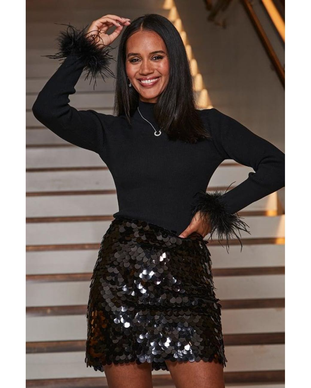 Sosandar Black Statement Sequin Skirt Metallic