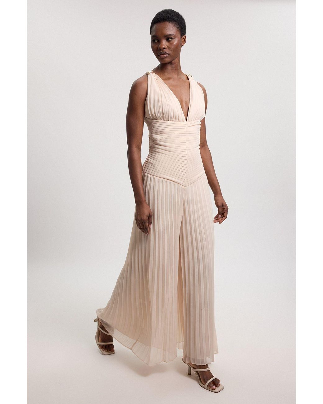 Karen Millen Natural Crinkle Cross Back Georgette Woven Jumpsuit
