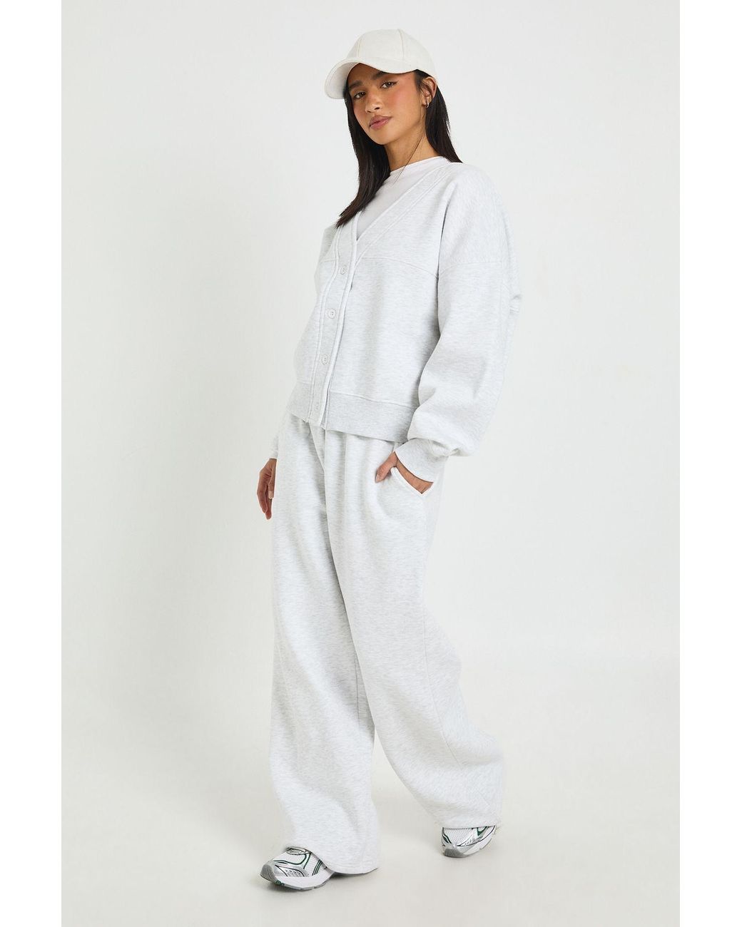 Boohoo White Petite Button Through Cardigan Sweatshirt And Straight Leg Jogger Tracksuit