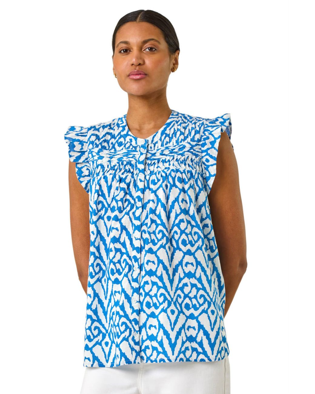 Roman Blue Abstract Print Pleated Sleeve Blouse