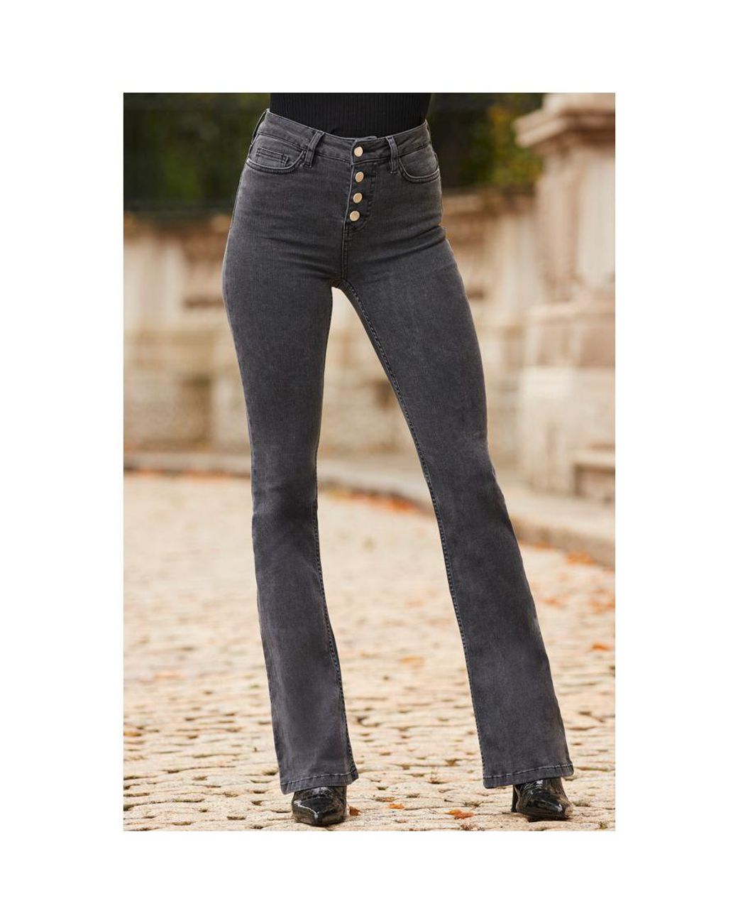 Sosandar Gray Charcoal Button Front Kick Flare Jeans