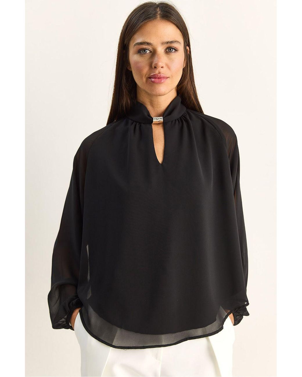 Bianco Lucci Black Mandarin Collar Chiffon Blouse With Stone Accessory