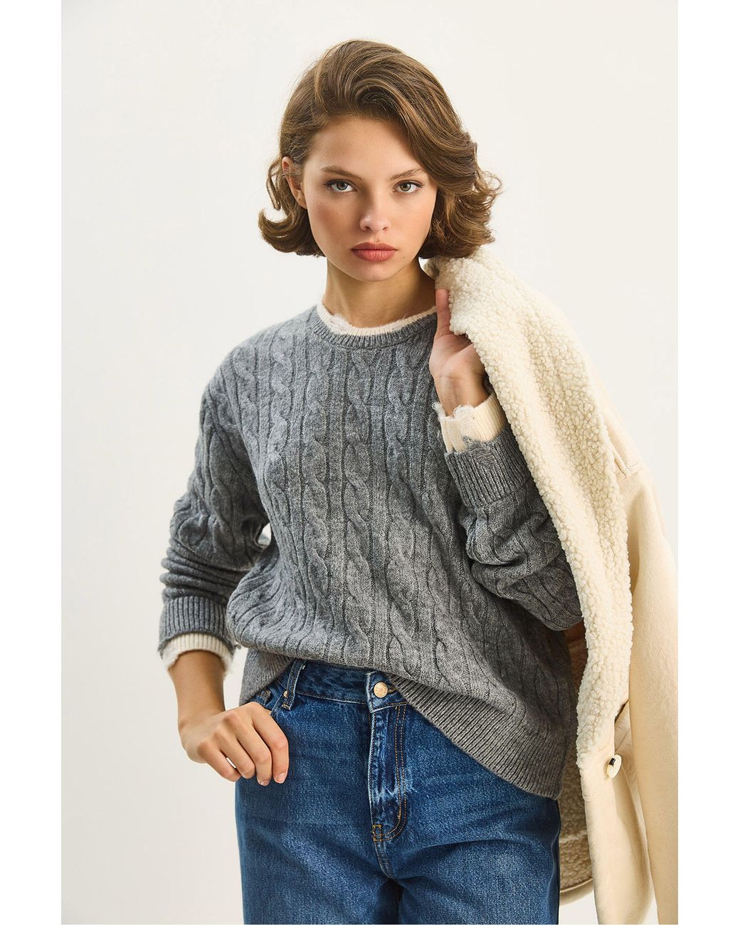 Bianco Lucci Gray Hair Braid Patterned Sweater